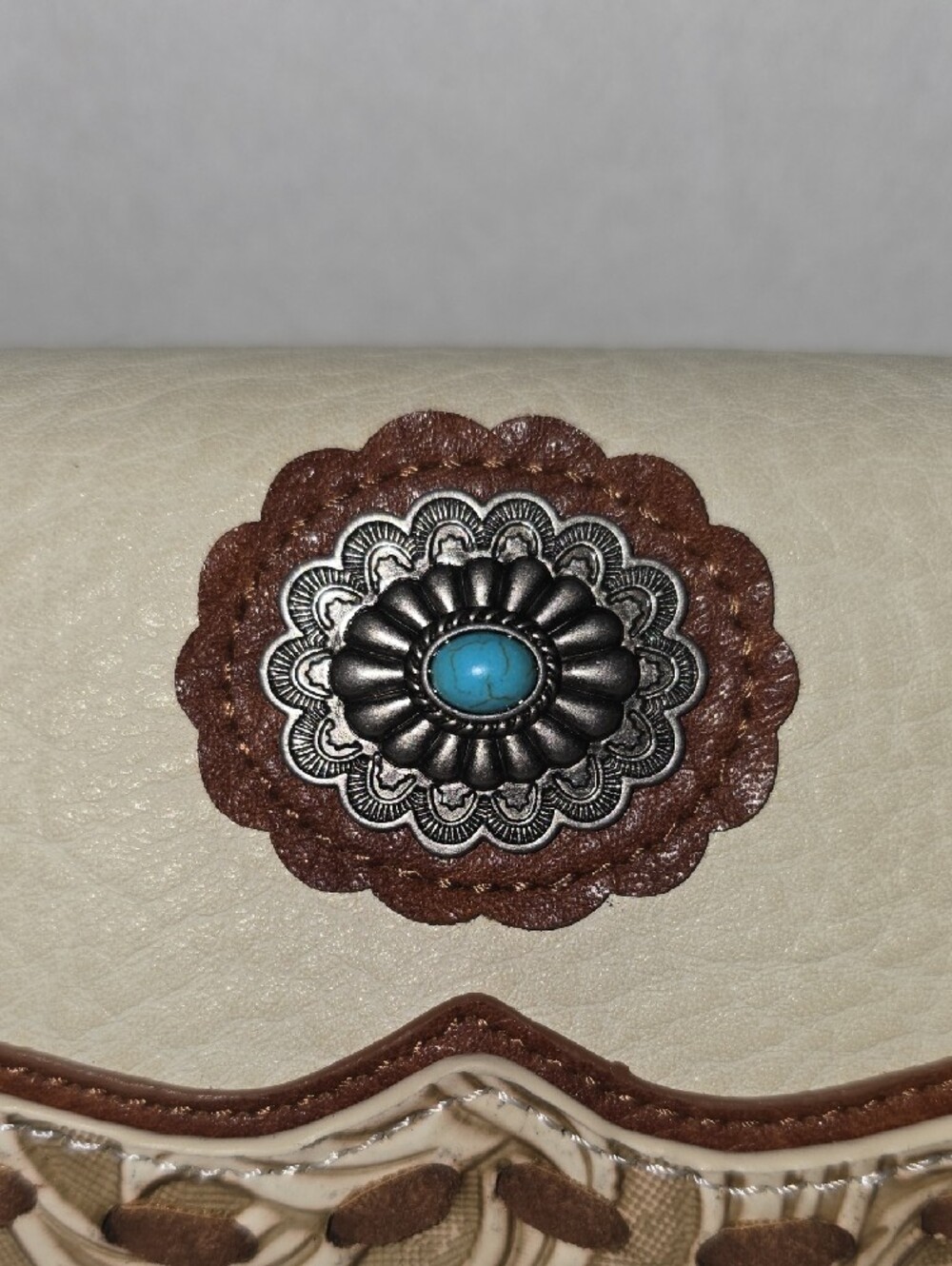 Cream and Brown Tooled Western Wallet with Turquoise Concho - Picture 3 of 10